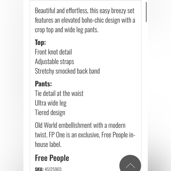 Free People One Tie Front Palermo Set Wide Leg Pants Front Bow Cropped Top Sz S - Picture 3 of 7